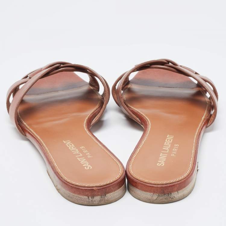 Pre Owned Saint Laurent Brown Leather Tribute Flat Slides Size 36