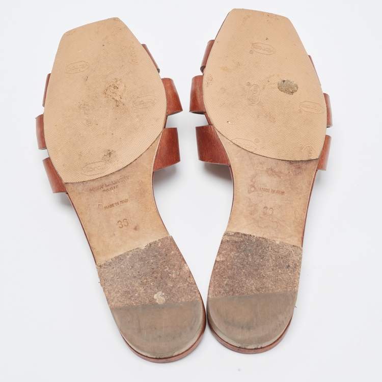 Pre Owned Saint Laurent Brown Leather Tribute Flat Slides Size 36