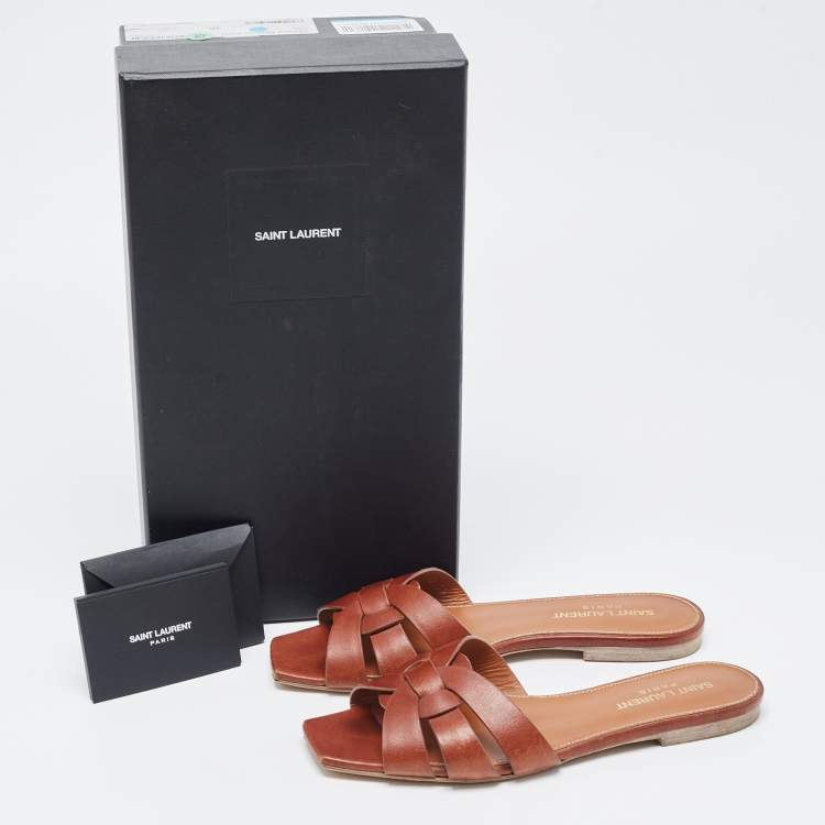 Pre Owned Saint Laurent Brown Leather Tribute Flat Slides Size 36