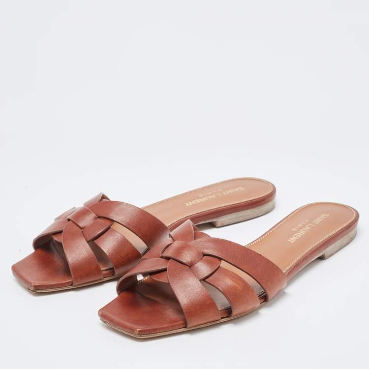 Pre Owned Saint Laurent Brown Leather Tribute Flat Slides Size 36