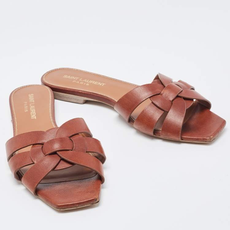 Pre Owned Saint Laurent Brown Leather Tribute Flat Slides Size 36
