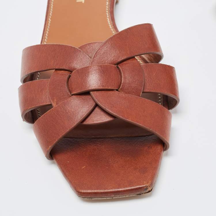 Pre Owned Saint Laurent Brown Leather Tribute Flat Slides Size 36