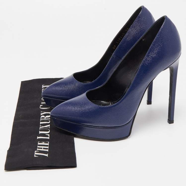 Pre Owned Saint Laurent Blue Textured Leather Janis Pumps Size 36