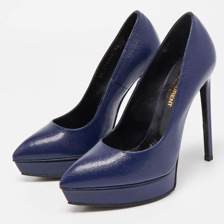 Pre Owned Saint Laurent Blue Textured Leather Janis Pumps Size 36