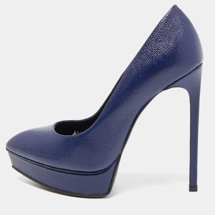 Pre Owned Saint Laurent Blue Textured Leather Janis Pumps Size 36