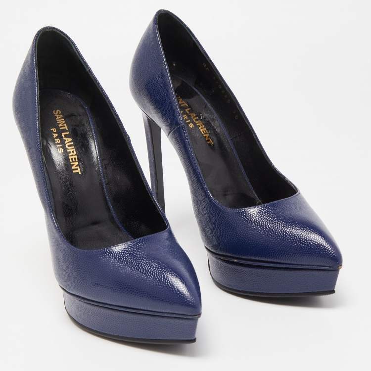 Pre Owned Saint Laurent Blue Textured Leather Janis Pumps Size 36