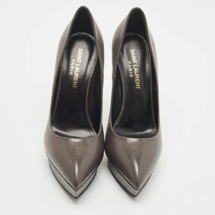 Pre Owned Saint Laurent Grey Textured Leather Janis Pumps Size 36