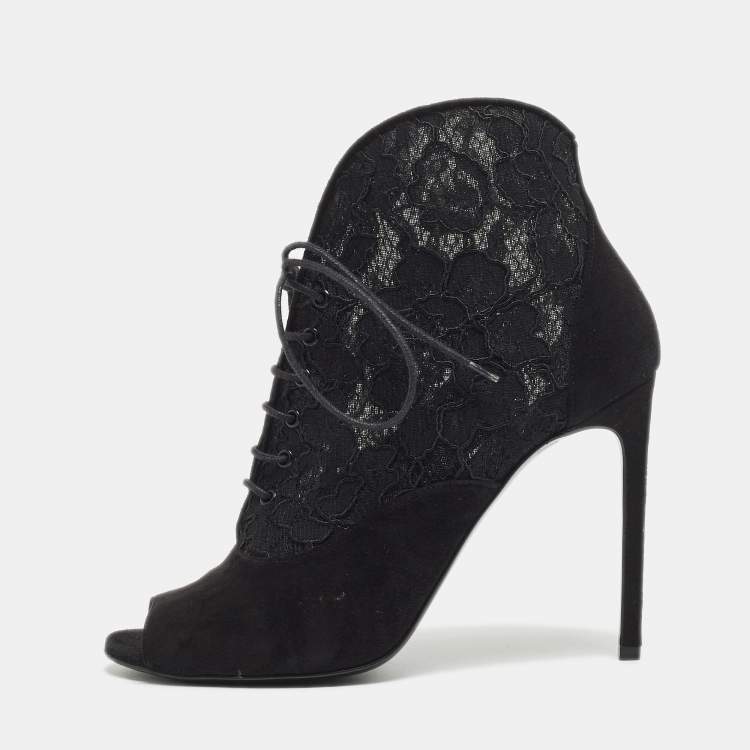 Pre Owned Saint Laurent Black Suede and Lace Open Toe Ankle Booties Size 39.5