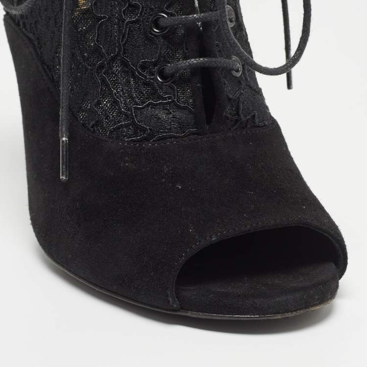 Pre Owned Saint Laurent Black Suede and Lace Open Toe Ankle Booties Size 39.5