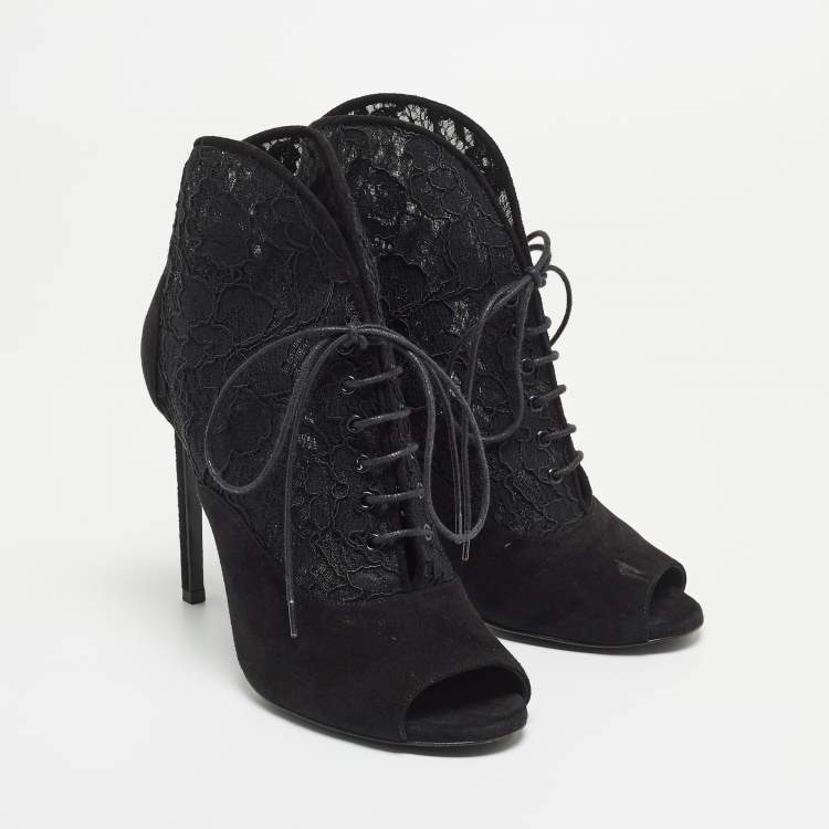 Pre Owned Saint Laurent Black Suede and Lace Open Toe Ankle Booties Size 39.5