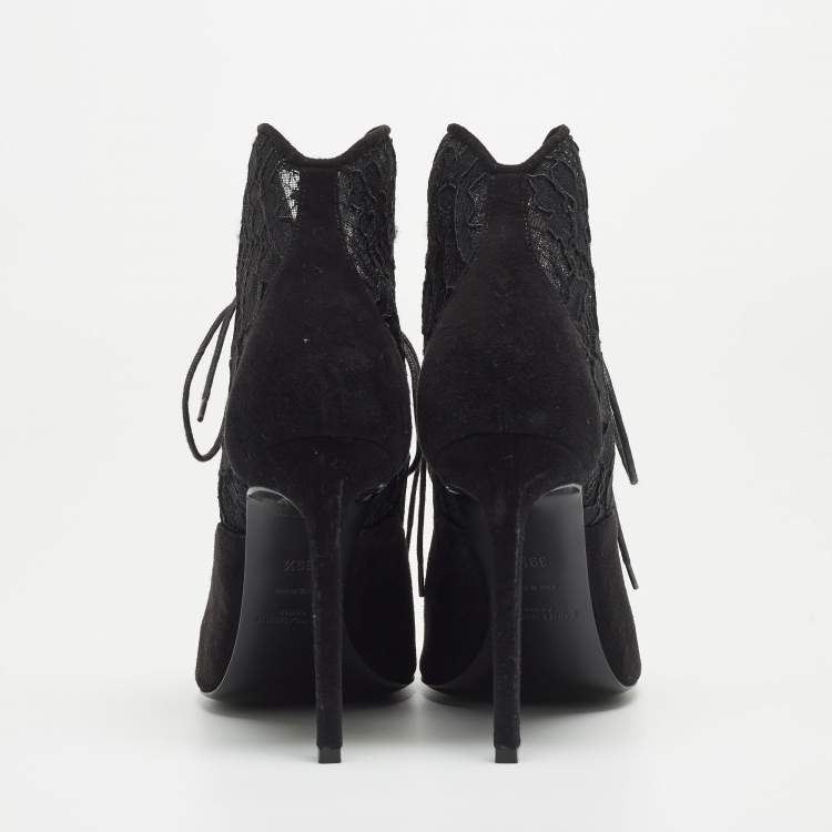 Pre Owned Saint Laurent Black Suede and Lace Open Toe Ankle Booties Size 39.5