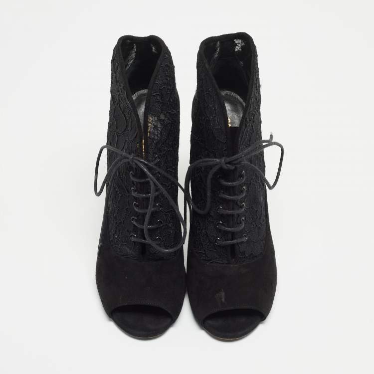 Pre Owned Saint Laurent Black Suede and Lace Open Toe Ankle Booties Size 39.5
