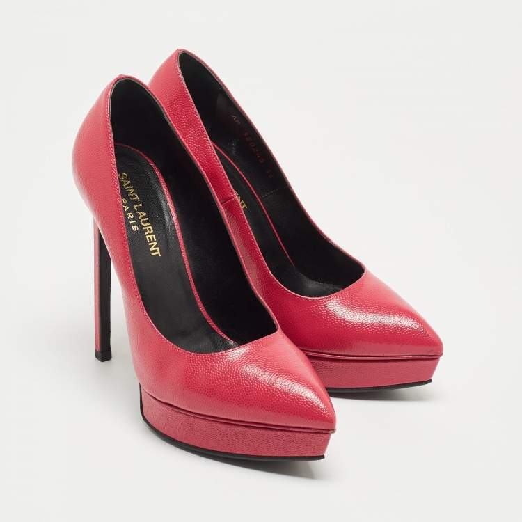 Pre Owned Saint Laurent Pink Textured Leather Janis Platform Pointed Toe Pumps Size 36