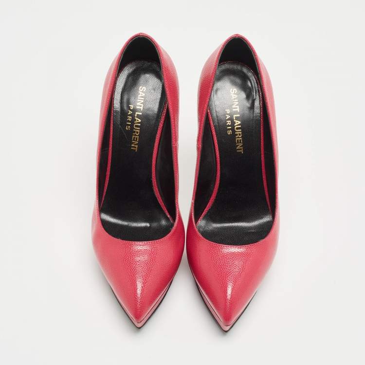 Pre Owned Saint Laurent Pink Textured Leather Janis Platform Pointed Toe Pumps Size 36