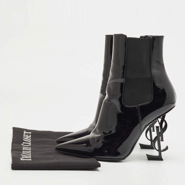 مملوكة مسبقًا Saint Laurent Paris Black Patent Leather Opyum Pointed Toe Ankle Booties Size 37