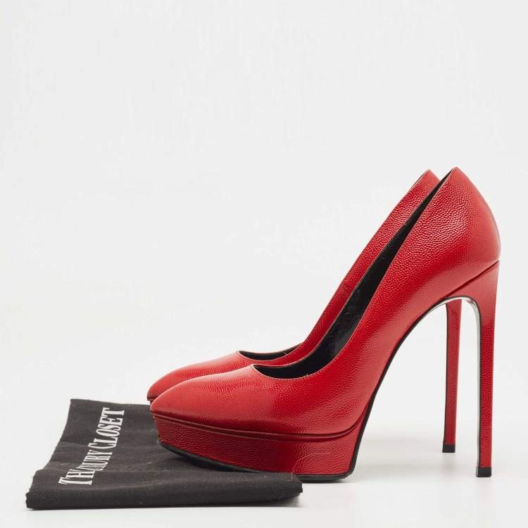 Pre Owned Saint Laurent Paris Red Textured Leather Janis Platform Pointed Toe Pumps Size 36