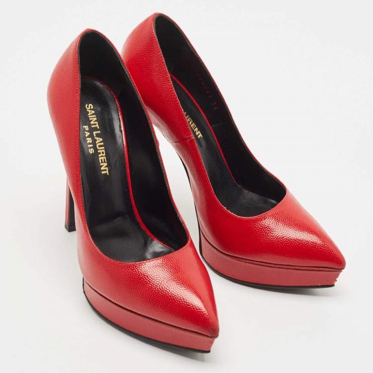 Pre Owned Saint Laurent Paris Red Textured Leather Janis Platform Pointed Toe Pumps Size 36