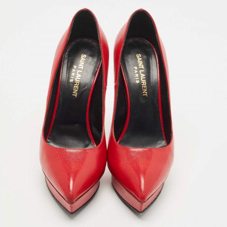 Pre Owned Saint Laurent Paris Red Textured Leather Janis Platform Pointed Toe Pumps Size 36