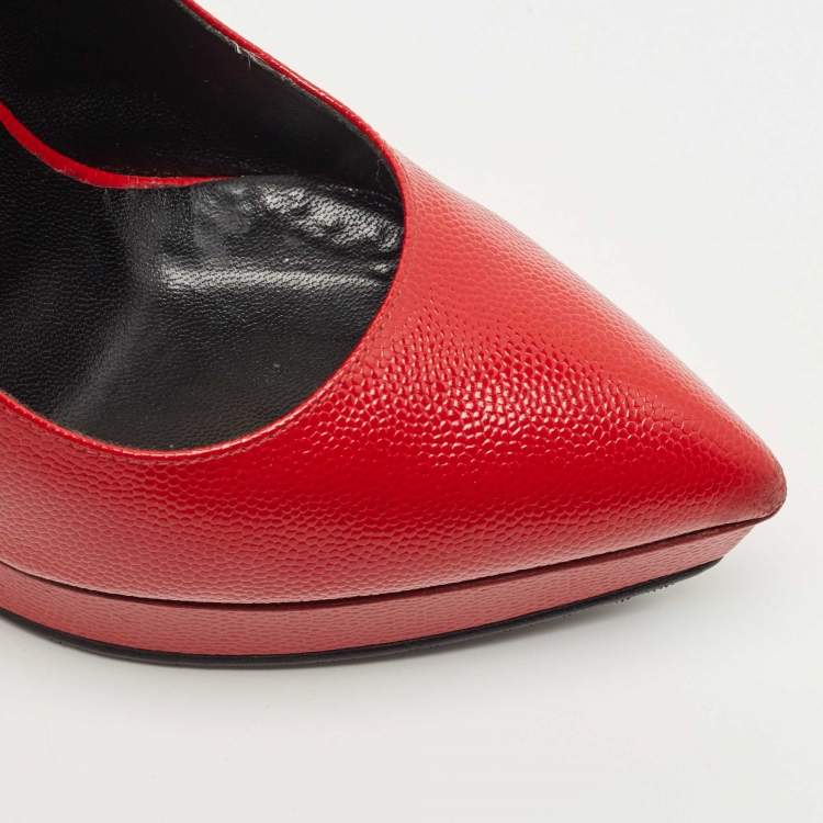 Pre Owned Saint Laurent Paris Red Textured Leather Janis Platform Pointed Toe Pumps Size 36