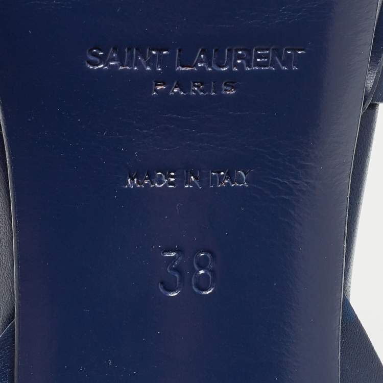Pre Owned Saint Laurent Paris Navy Blue Leather Tribute Platform Ankle Strap Sandals Size 38