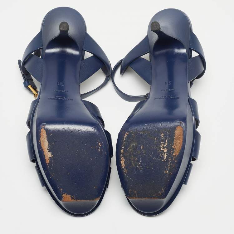 Pre Owned Saint Laurent Paris Navy Blue Leather Tribute Platform Ankle Strap Sandals Size 38