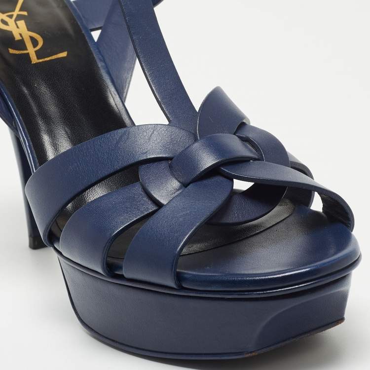 Pre Owned Saint Laurent Paris Navy Blue Leather Tribute Platform Ankle Strap Sandals Size 38