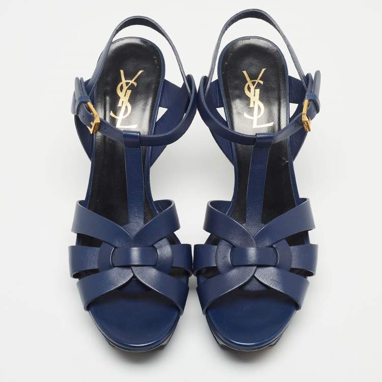 Pre Owned Saint Laurent Paris Navy Blue Leather Tribute Platform Ankle Strap Sandals Size 38