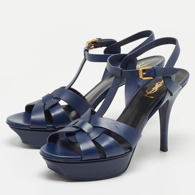 Pre Owned Saint Laurent Paris Navy Blue Leather Tribute Platform Ankle Strap Sandals Size 38