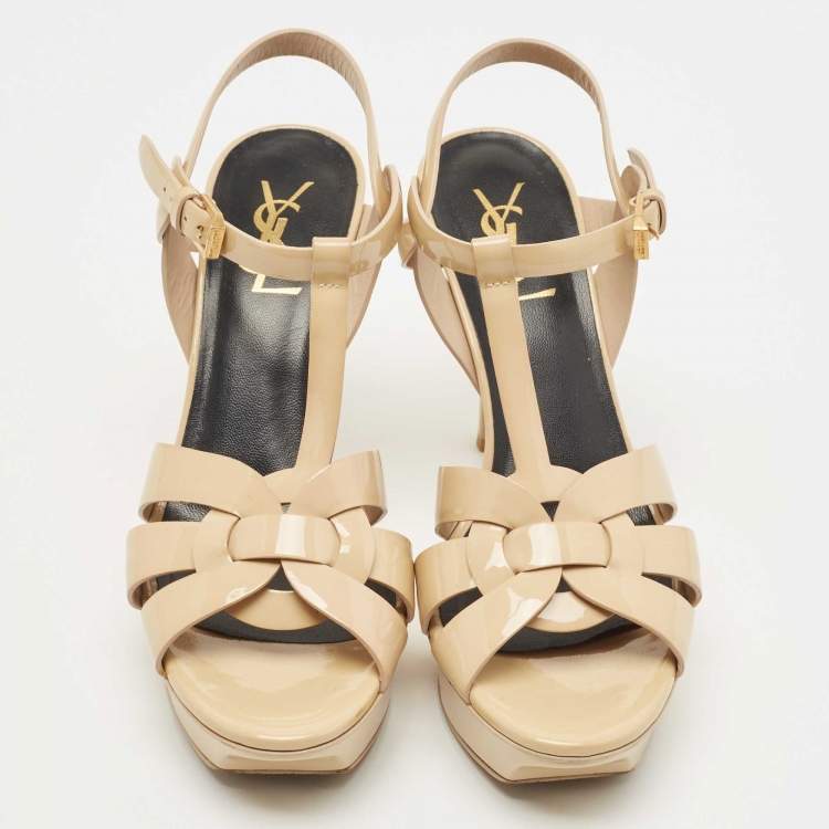 Pre Owned Saint Laurent Beige Patent Tribute Ankle Strap Sandals Size 38