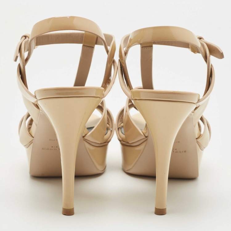 Pre Owned Saint Laurent Beige Patent Tribute Ankle Strap Sandals Size 38