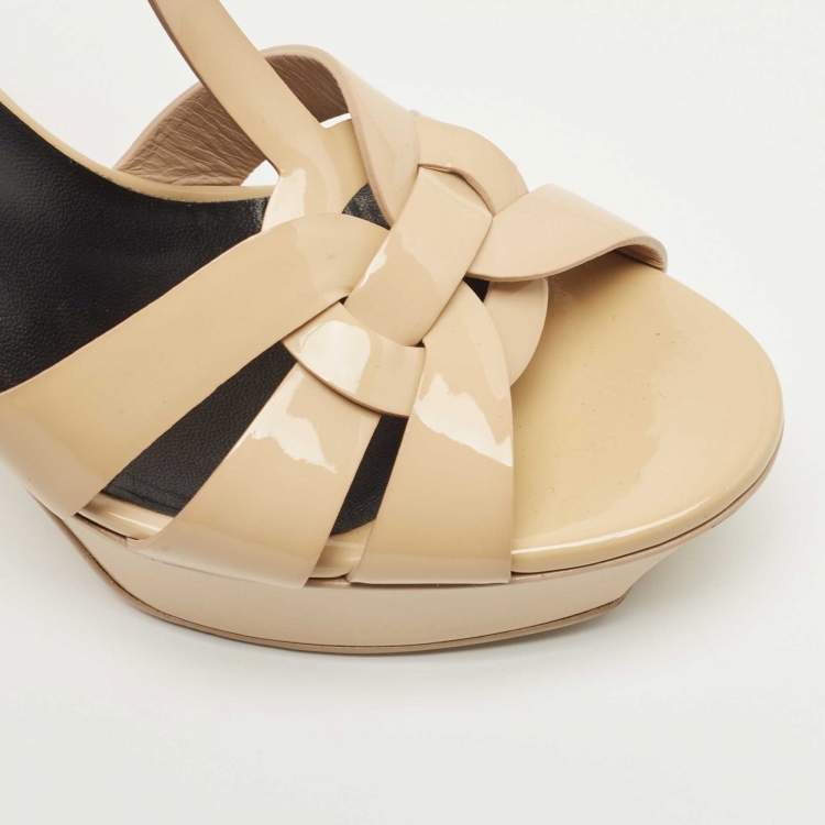 Pre Owned Saint Laurent Beige Patent Tribute Ankle Strap Sandals Size 38