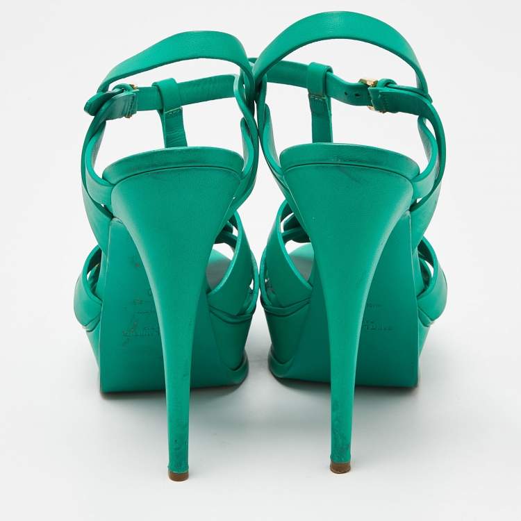 Pre Owned Saint Laurent Green Leather Tribute Sandals Size 40