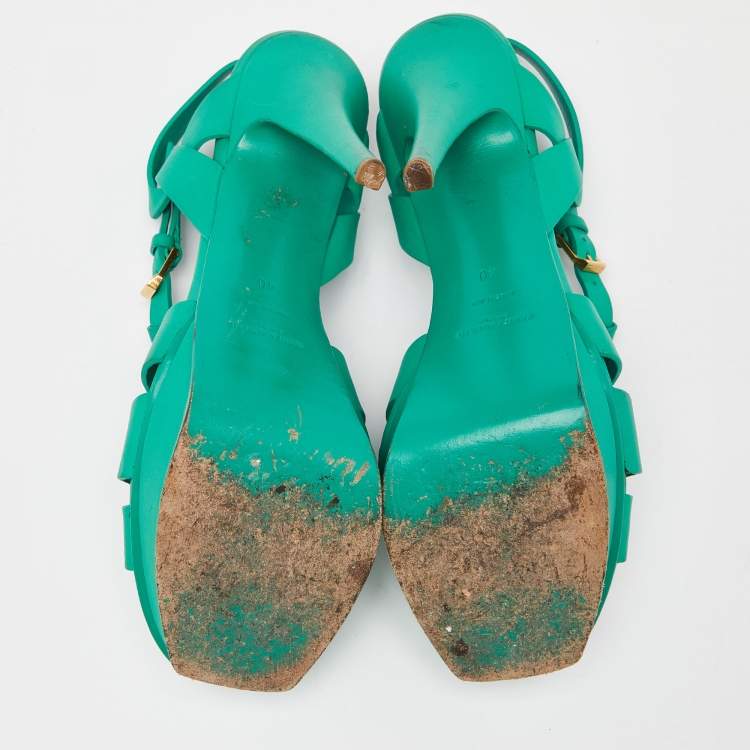 Pre Owned Saint Laurent Green Leather Tribute Sandals Size 40