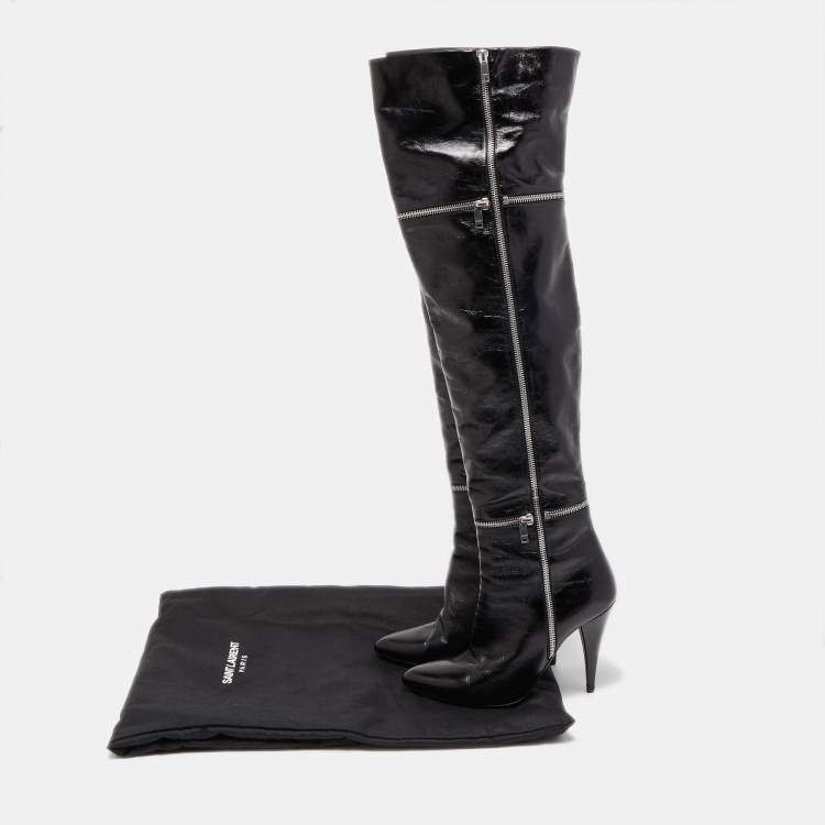 Pre Owned Saint Laurent Black Leather Knee Length Boots Size 39