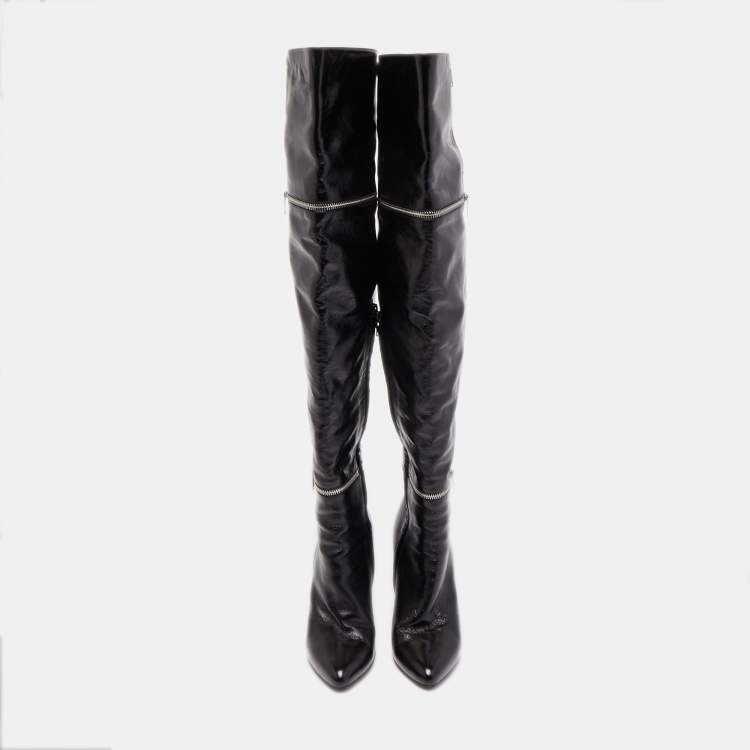 Pre Owned Saint Laurent Black Leather Knee Length Boots Size 39