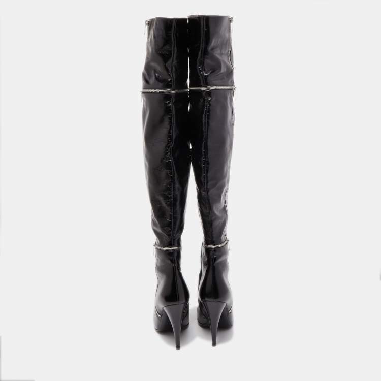 Pre Owned Saint Laurent Black Leather Knee Length Boots Size 39