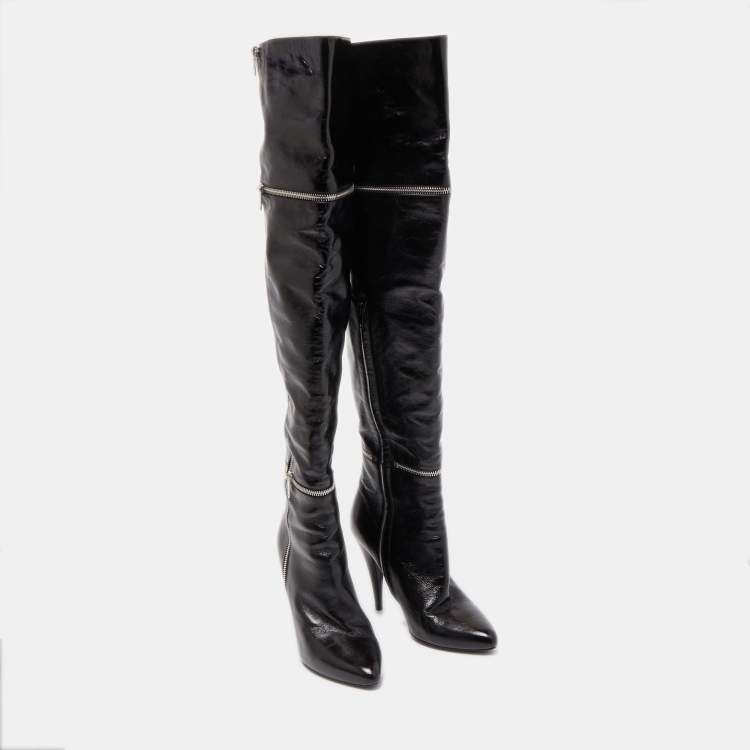 Pre Owned Saint Laurent Black Leather Knee Length Boots Size 39