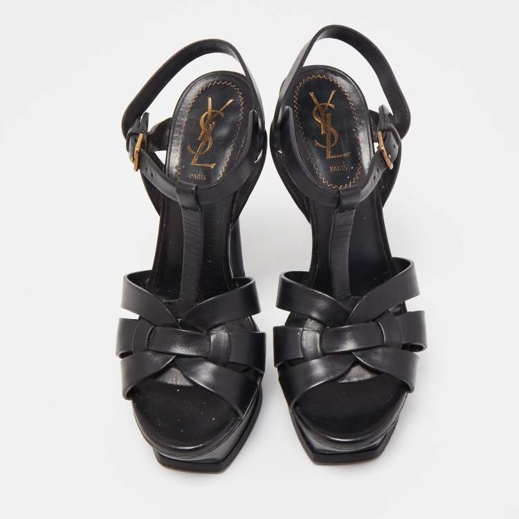 Pre Owned Saint Laurent Black Leather Tribute Sandals Size 37.5