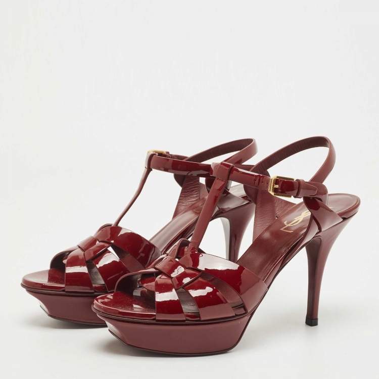 Pre Owned Saint Laurent Burgundy Patent Tribute  Ankle Strap Sandals Size 38