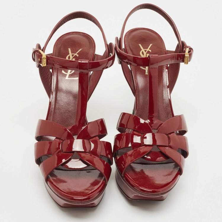 Pre Owned Saint Laurent Burgundy Patent Tribute  Ankle Strap Sandals Size 38