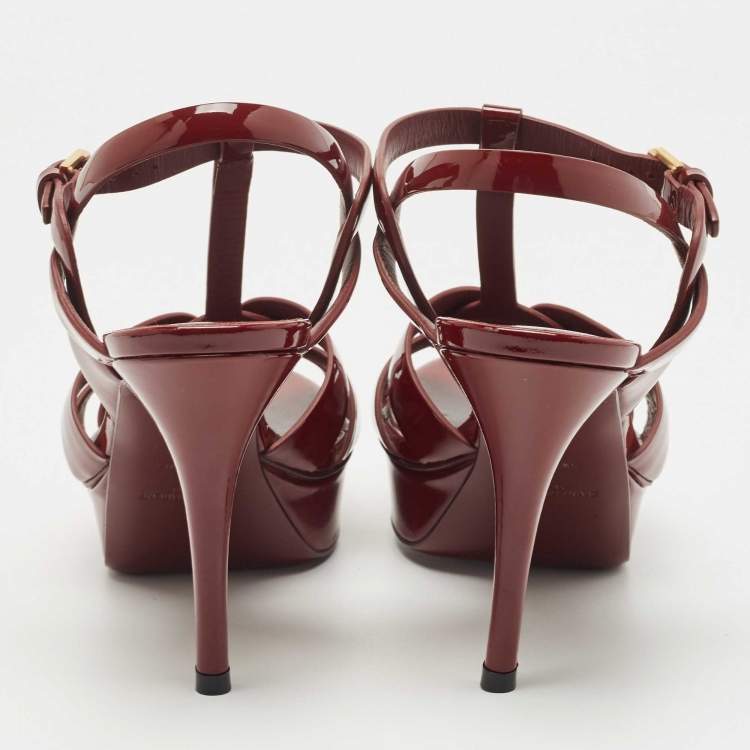 Pre Owned Saint Laurent Burgundy Patent Tribute  Ankle Strap Sandals Size 38