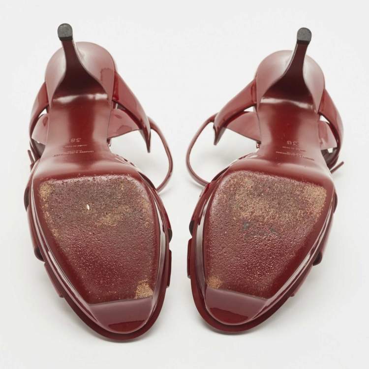 Pre Owned Saint Laurent Burgundy Patent Tribute  Ankle Strap Sandals Size 38