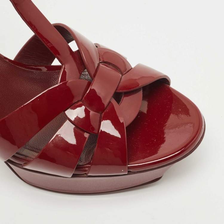 Pre Owned Saint Laurent Burgundy Patent Tribute  Ankle Strap Sandals Size 38