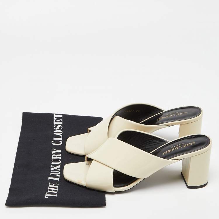 Pre Owned Saint Laurent Off White Patent Leather Loulou Criss Cross Mules Size 39