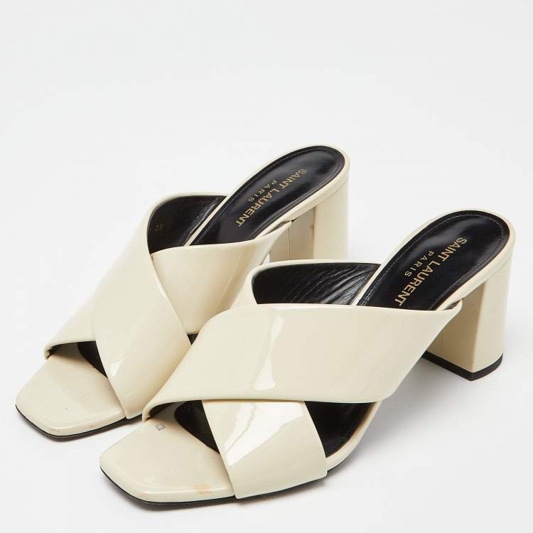Pre Owned Saint Laurent Off White Patent Leather Loulou Criss Cross Mules Size 39