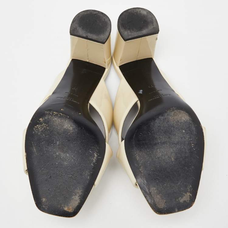 Pre Owned Saint Laurent Off White Patent Leather Loulou Criss Cross Mules Size 39