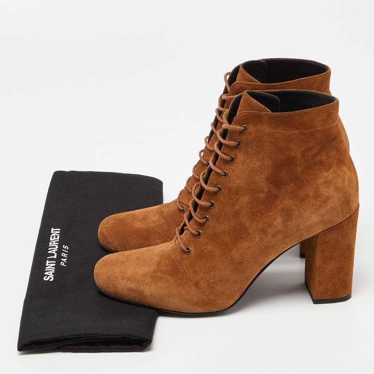 Pre Owned Saint Laurent Brown Suede Lace Up Ankle Boots Size 39.5