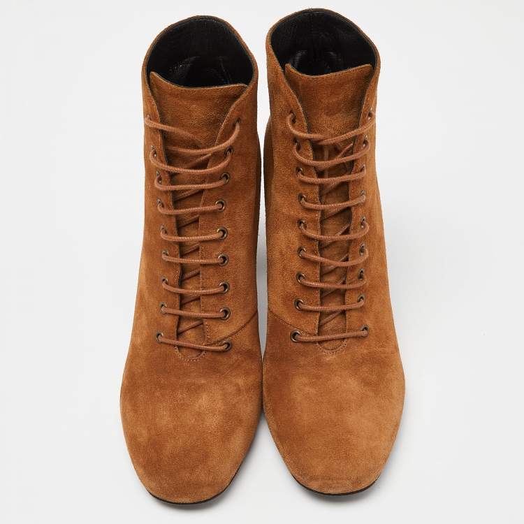 Pre Owned Saint Laurent Brown Suede Lace Up Ankle Boots Size 39.5
