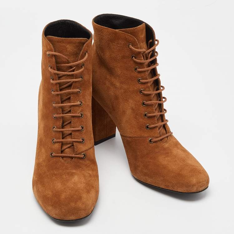 Pre Owned Saint Laurent Brown Suede Lace Up Ankle Boots Size 39.5