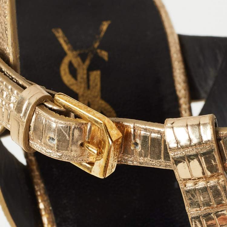 Pre Owned Saint Laurent Gold Lizard Embossed Leather Tribute Ankle Strap Sandals Size 39